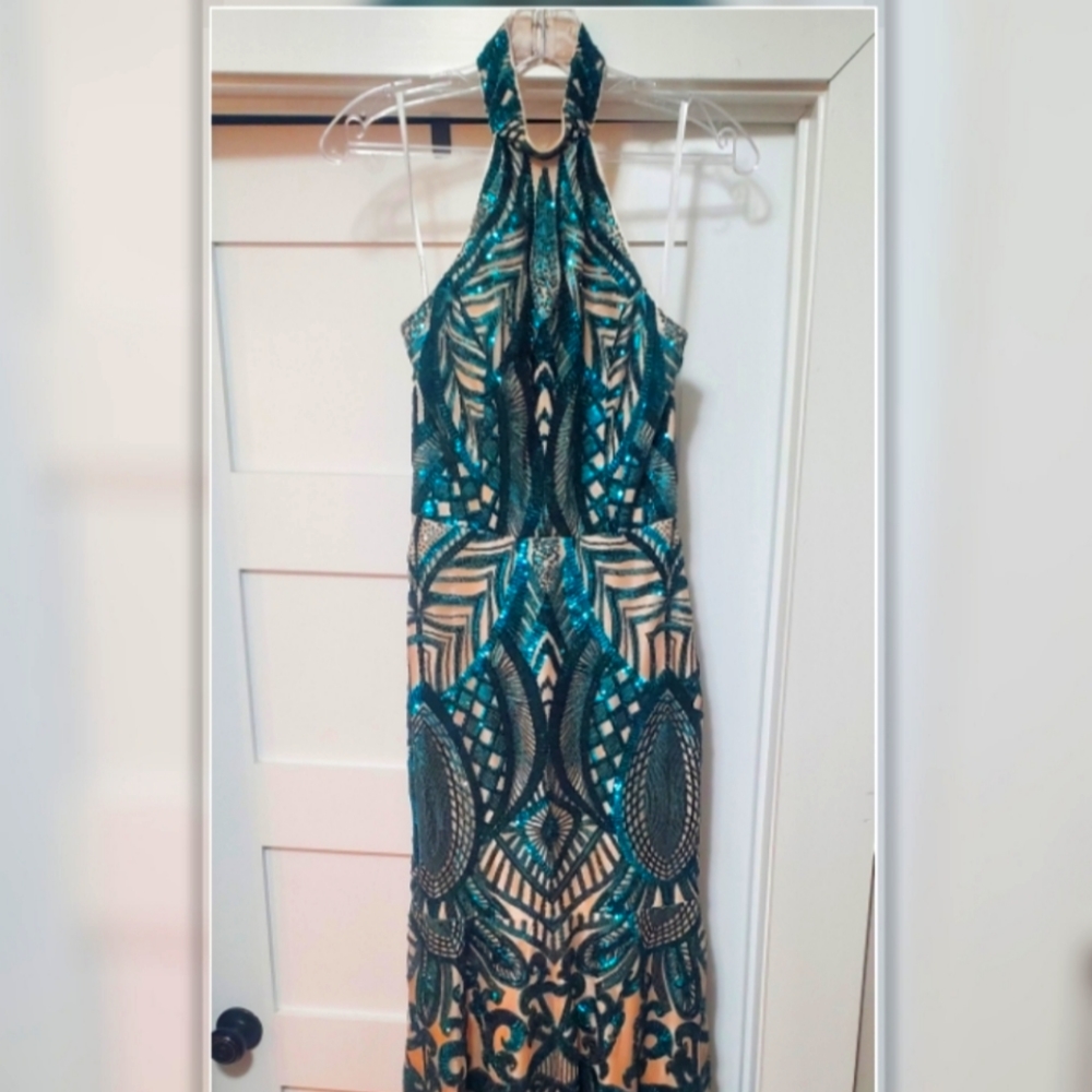 Nude/Green Evening Gown
